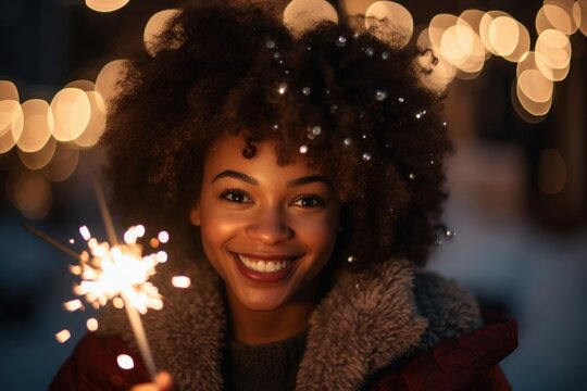 Woman holding sparkler decoration christmas portrait.