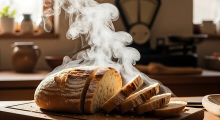 Freshly Baked Bread with Steam in a Rustic Kitchen.