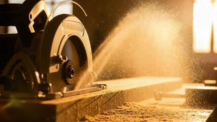 Circular saw cutting through a wooden plank in a workshop. Close up of sawdust particles flying from the blade under warm light. Concept of carpentry and construction industry