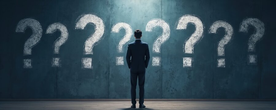 Man in suit faces big question marks painted on wall. Represents business uncertainty, problem solving, and deep thought. He contemplates complex issues and seeks answers.