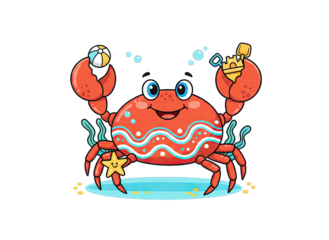 Cute Pixel Art Crab Character Playing with Beach Ball and Toy Bottle on Transparent Background with Bubbles and Starfish Accents