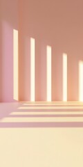 Obraz premium Stylish studio backdrop with pink wall and floor corner, sunlight beams and geometric shadows.