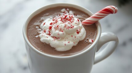 Close up of a festive mug of rich peppermint hot chocolate topped with whipped cream and crushed candy cane for a winter treat