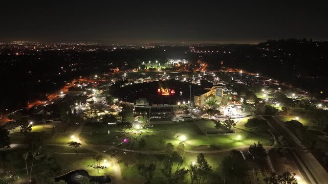 Drone night view of Rose Bowl Stadium during concert in Pasadena Los Angeles, September 7, 2025