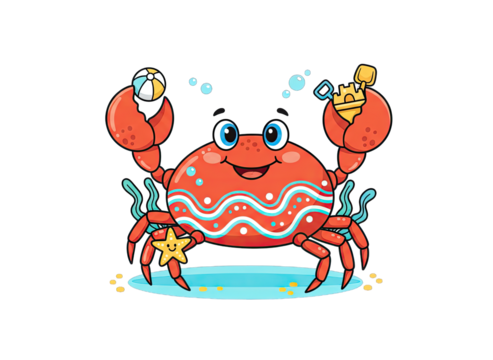 Cute Pixel Art Crab Character Playing with Beach Ball and Toy Bottle on Transparent Background with Bubbles and Starfish Accents - Powered by Adobe