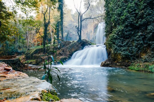 Smooth Waterfall Cascade and Flowing River in Monasterio de Piedra Nature Park