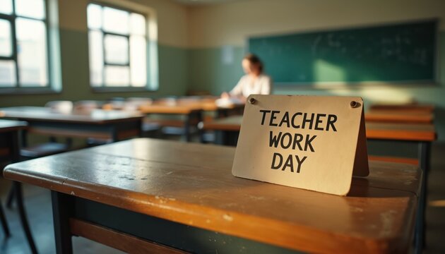 Classroom with empty desks and a sign reading Teacher Work Day. Teacher works at her desk in background. Sunlight streams through windows. Education concept.