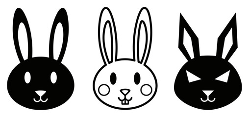 Stylized rabbit face icon set, black and white illustrations with varied expressions and ear shapes for design use