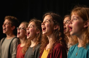 Group of young students sing together on stage during musical performance. Enthusiastic diverse teens show teamwork and vocal talent. Happy kids engage in school choir practice in spotlight.
