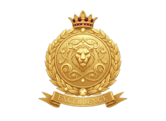 Golden Emblem of Excellence with Lion Motif Crowned with Jewels and Laurel Wreath on Black Background