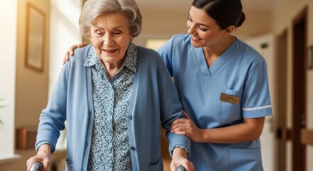 Caring nurse helping a smiling elderly woman walk using a walker in a facility hallway. Senior assistance, healthcare, retirement, and mobility support service.