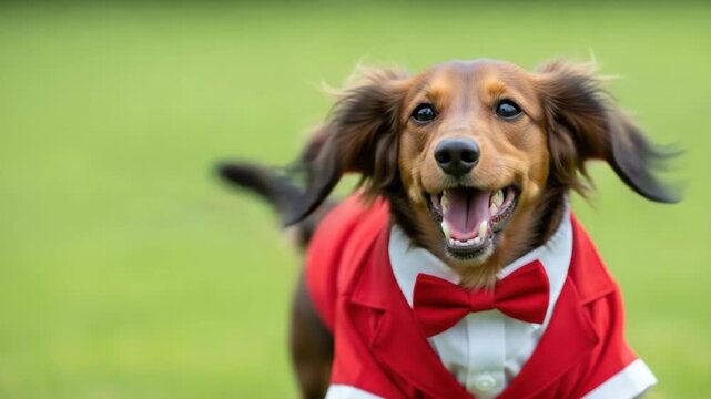 Adorable long-haired dachshund wearing a formal red tuxedo runs happily towards the camera. Cute funny dog in a costume for a special event or holiday celebration outdoors