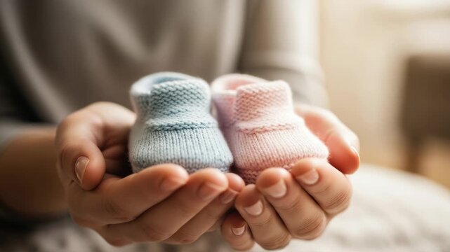 Female hands holding tiny blue and pink knitted baby booties for a boy and girl. Pregnancy announcement or gender reveal concept for expecting parents and a baby shower