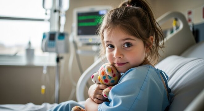 Sweet little girl hugging a colorful teddy bear and looking at the camera in a hospital bed. Pediatric healthcare, comfort, childhood illness, and serious recovery concept.