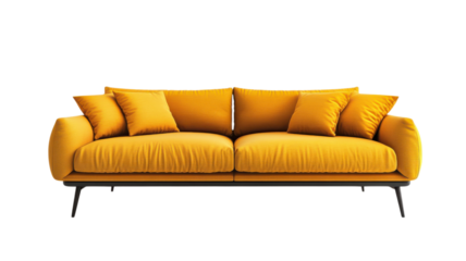 Bright yellow sofa with decorative pillows in modern style, perfect for living room decor.