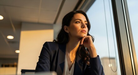 Pensive, successful businesswoman looking out a large office window during sunset. Business success, corporate leadership, future vision, and thoughtful planning concept.