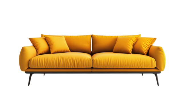 Bright yellow sofa with decorative pillows in modern style, perfect for living room decor.