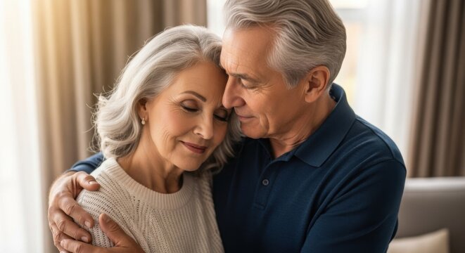 Happy senior couple hugging tenderly, eyes closed in contentment. Golden years, retirement, deep love, emotional connection, and lasting relationship concept. - Powered by Adobe