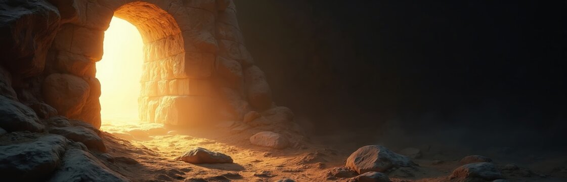 Empty tomb of Jesus Christ with light shining from entrance. Christian Easter concept of resurrection. Savior risen from grave. Holy bible story miracle hope, faith, salvation, redemption, new life
