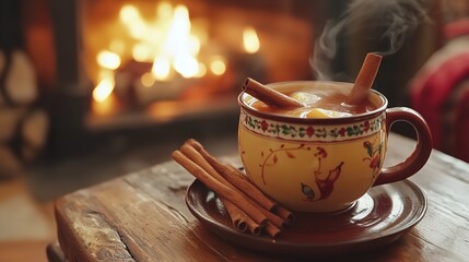 Steaming hot beverage with cinnamon sticks served in a decorative mug next to a cozy, warm fireplace during winter
