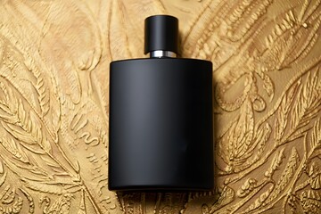A sleek black perfume bottle against an ornate golden background with leaf patterns