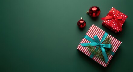 Christmas gift box and ornament on green background