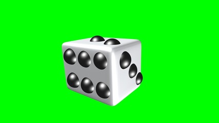 White dice with black dots against a vibrant green screen background