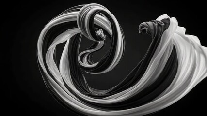 Elegant black and white abstract shape swirling in a fluid motion sequence. A modern monochrome background showing graceful curves and dynamic transformation for presentations