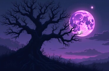 Fototapeta premium Silhouetted gnarled tree stands against a large vibrant purple moon in a starry night sky. Dark clouds drift over distant hills and a small moon orbits.