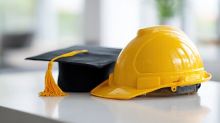 Education Meets Construction: a symbolic still life juxtaposing a graduation cap and hard hat. This image represents the educational journey toward a career in the building industry