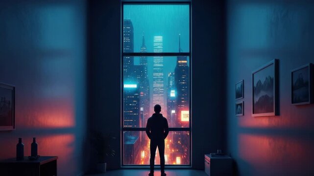Lonely man stands in a dark apartment looking at a rainy cyberpunk cityscape. Contemplative male adult watching the neon lights of a futuristic metropolis from a high rise window