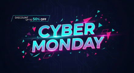 Illustration of "Cyber Monday" text in blue and pink, with geometric shapes, on a dark background with circuit board pattern, representing sale promotion