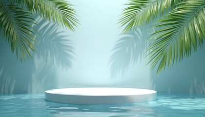 Fototapeta premium White podium on water surface with palm tree leaves shadows. Blue backdrop for beauty product promo presentation. Minimalistic mock up scene for cosmetic brand advertisement. Relax wellness template.