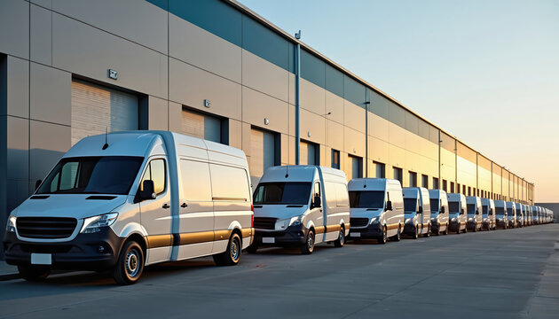 White delivery vans line up outside a modern distribution warehouse. Vans await next mile transport jobs. Logistics center prepares cargo for shipping.
