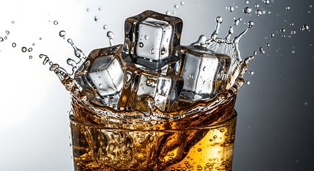 Refreshing Drink with Ice Cubes and Splashing Liquid.