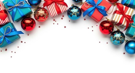 Christmas gift box and ornament border isolated on white background