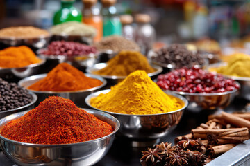 Colorful spices in bowls at a market stall