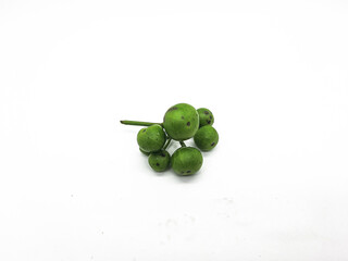 Bunch of green turkey berries on a white surface in a studio setting