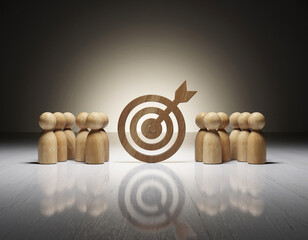 Targeted team focus for shared company goals and success, wooden figurines aiming for the center of attention