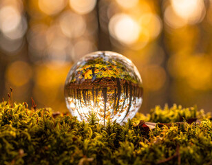 Glass orb with leaf reflections, Generated image	