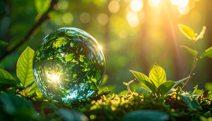 Glass orb with leaf reflections, Generated image	