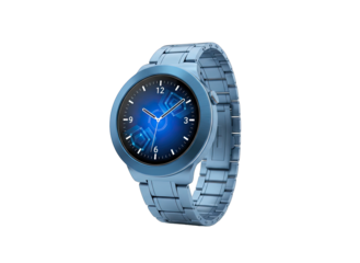 Detailed 3D Rendering of a Blue Digital Smartwatch with a Stainless Steel Band Displaying a Futuristic Blue Interface Isolated on a Transparent Background
