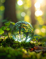 Glass orb with leaf reflections, Generated image	