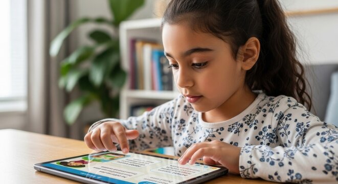 Cute young girl focused on touching a digital tablet screen at home. Online education, remote learning, screen time, and child technology use concept.