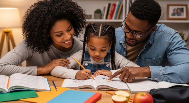 African-American parents helping their young daughter with homework at home. Family education, learning, parenting, bonding, and remote school concept.
