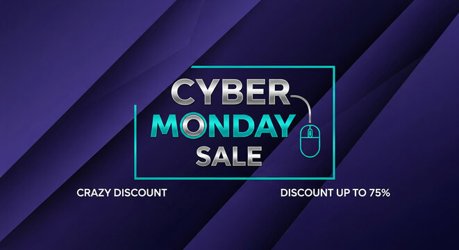 Abstract dark blue background with geometric lines and a frame containing promotional text and a computer mouse icon, showcasing Cyber Monday sale - Powered by Adobe