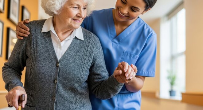 Caring nurse helping a smiling senior woman with a cane walk in a modern facility. Elderly care, assisted living, home help, and health support service.