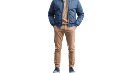 A man in a blue jacket and beige pants showcases a stylish, casual look great for cool weather.