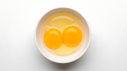 Two raw egg yolks in a white bowl, top view.