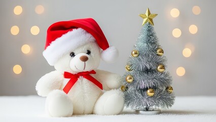 A christmas teddy bear wearing a santa hat sitting next to a small decorated christmas tree with lights